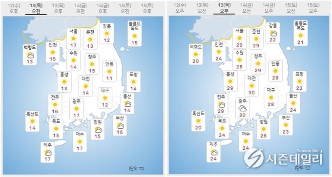출처 : 기상청 날씨누리 / 13일 오전(좌) 오후(우)