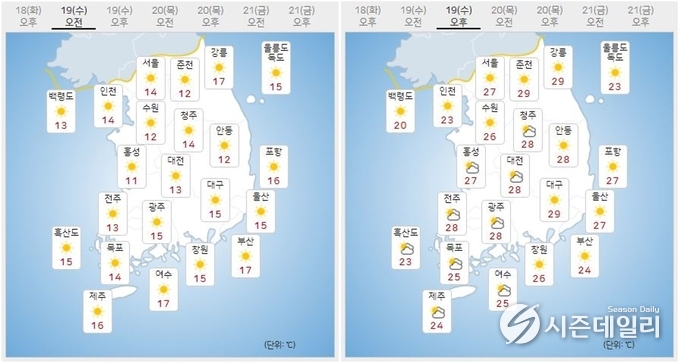 출처 : 기상청 날씨누리 / 19일 오전(좌) 오후(우)