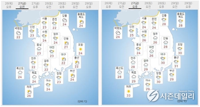 출처 : 기상청 날씨누리 / 8월 27일 오전(좌) 오후(우) 