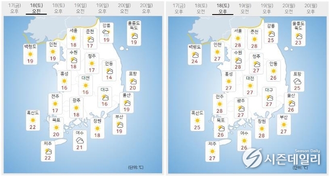 출처 : 기상청 날씨누리 / 9월 18일 오전(좌) 오후(우)
