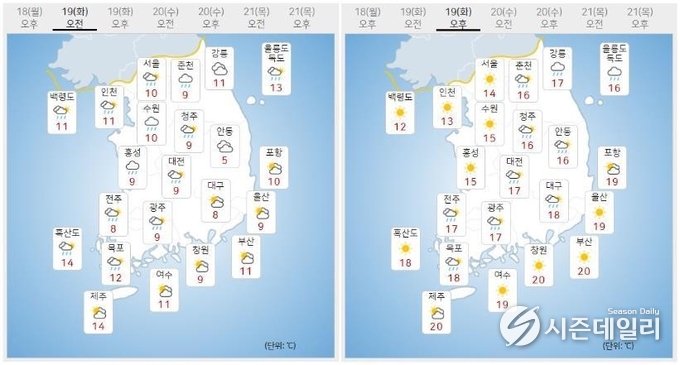 출처 : 기상청 날씨누리 / 10월 19일 오전(좌) 오후(우)