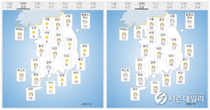 출처 : 기상청 날씨누리 / 11월 2일 오전(좌) 오후(우)