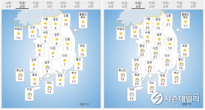 출처 : 기상청 날씨누리 / 11월 5일 오전(좌) 오후(우)