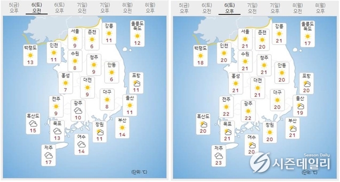 출처 : 기상청 날씨누리 / 11월 6일 오전(좌) 오후(우)