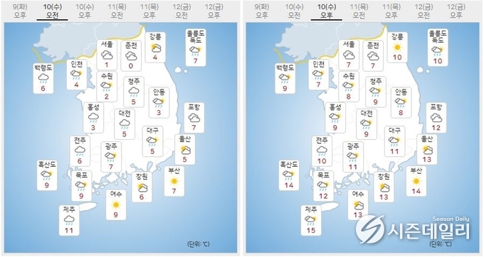 출처 : 기상청 날씨누리 / 11월 10일 오전(좌) 오후(우)