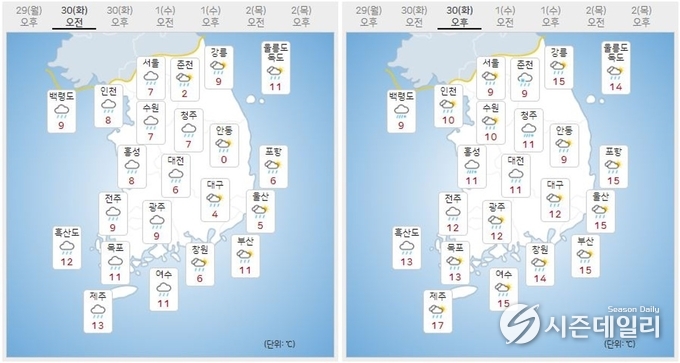 출처 : 기상청 날씨누리 / 11월 30일 오전(좌) 오후(우)