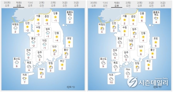 출처 : 기상청 날씨누리 / 12월 1일 오전(좌) 오후(우)