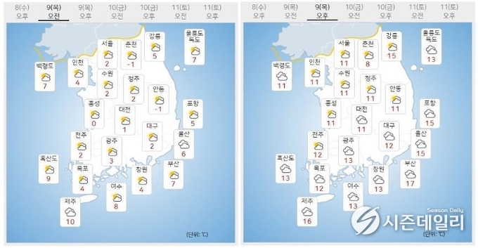 출처 : 기상청 날씨누리 / 12월 9일 오전(좌) 오후(우)