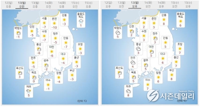 출처 : 기상청 날씨누리 / 12월 13일 오전(좌) 오후(우)