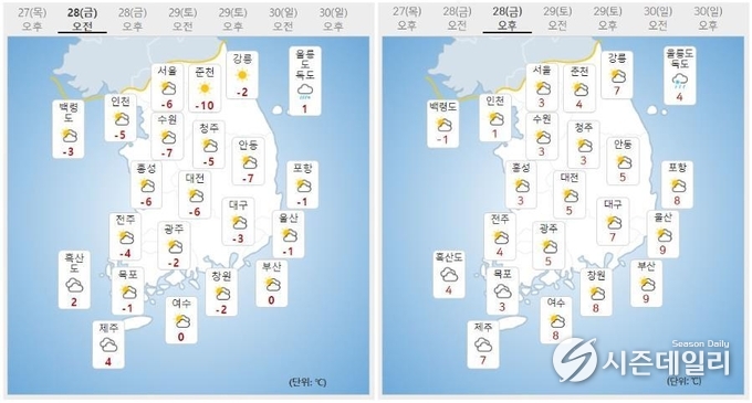 출처 : 기상청 날씨누리 / 1월 28일 오전(좌) 오후(우)