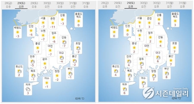 출처 : 기상청 날씨누리 / 1월 29일 오전(좌) 오후(우)