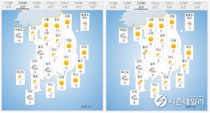 출처 : 기상청 날씨누리 / 2월 22일 오전(좌) 오후(우)