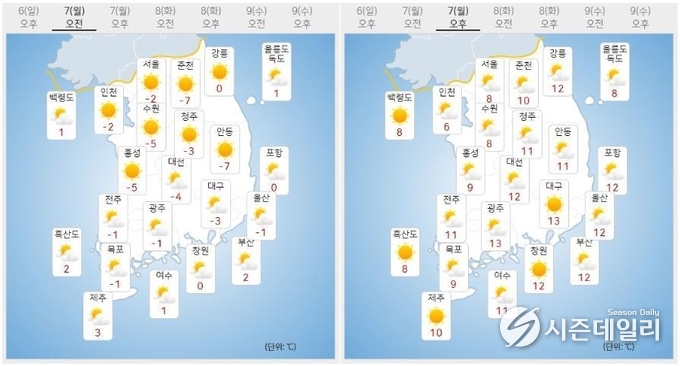 출처 : 기상청 날씨누리 / 3월 7일 오전(좌) 오후(우)