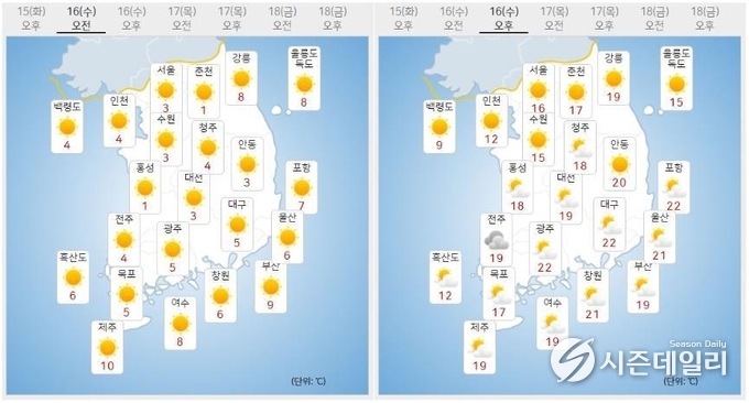 출처 : 기상청 날씨누리 / 3월 16일 오전(좌) 오후(우)