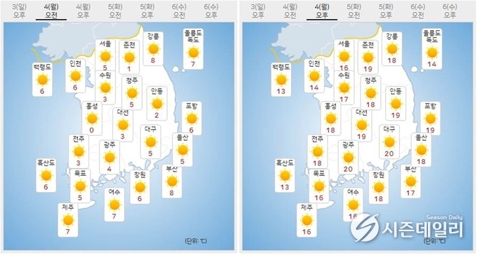 출처 : 기상청 날씨누리 / 4월 4일 오전(좌) 오후(우)