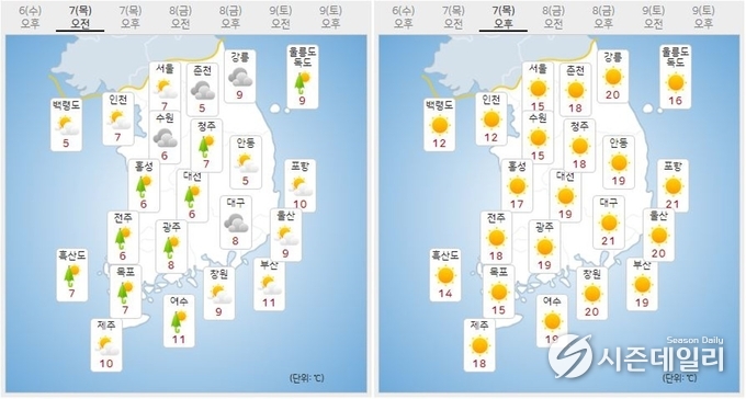 출처 : 기상청 날씨누리 / 4월 7일 오전(좌) 오후(우)