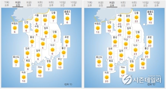 출처 : 기상청 날씨누리 / 4월 8일 오전(좌) 오후(우)