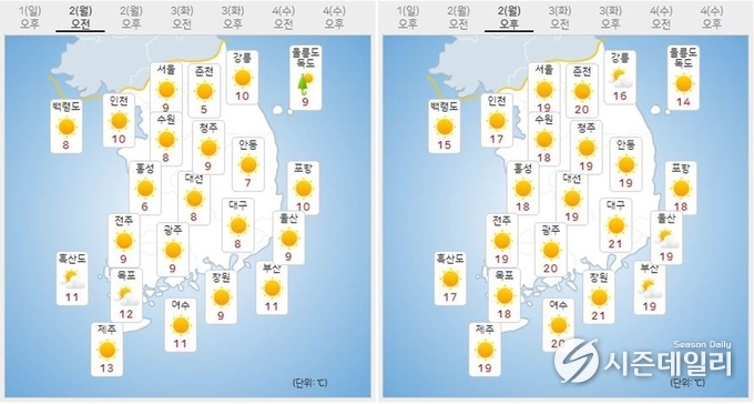 출처 : 기상청 날씨누리 / 5월 2일 오전(좌) 오후(우)