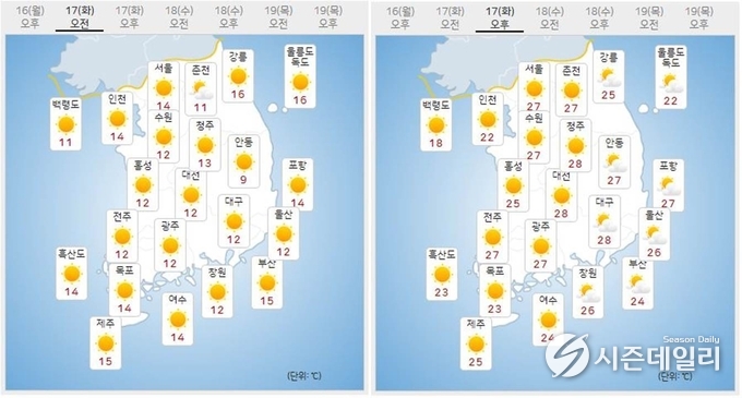 출처 : 기상청 날씨누리 / 5월 17일 오전(좌) 오후(우)