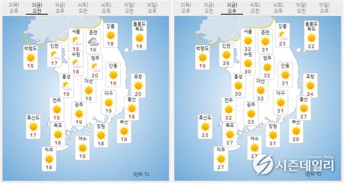 출처 : 기상청 날씨누리 / 6월 3일 오전(좌) 오후(우)