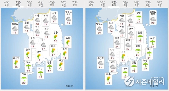 출처 : 기상청 날씨누리 / 6월 5일 오전(좌) 오후(우)