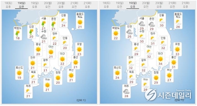출처 : 기상청 날씨누리 / 6월 19일 오전(좌) 오후(우)