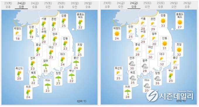 출처 : 기상청 날씨누리 / 6월 24일 오전(좌) 오후(우)