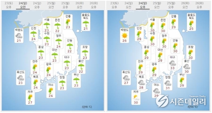 출처 : 기상청 날씨누리 / 7월 24일 오전(좌) 오후(우)