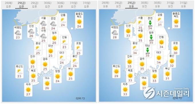 출처 : 기상청 날씨누리 / 7월 29일 오전(좌) 오후(우)