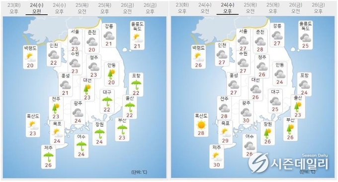 출처 : 기상청 날씨누리 / 8월24일 오전(좌) 오후(우)